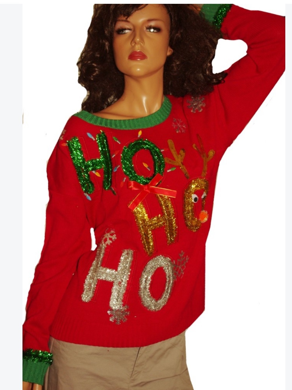Festive Red "HO HO HO" Christmas Sweater with Green Trim size L